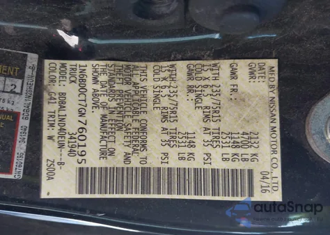 2016 Nissan Frontier S/Sv-I4 z USA, uszkodzony, nr VIN 1N6BD0CT7GN760195